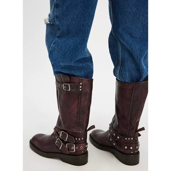 Free People We The Free Janey Engineer Leather Studded Wine Fresco Boots Size 9 - Picture 6 of 9